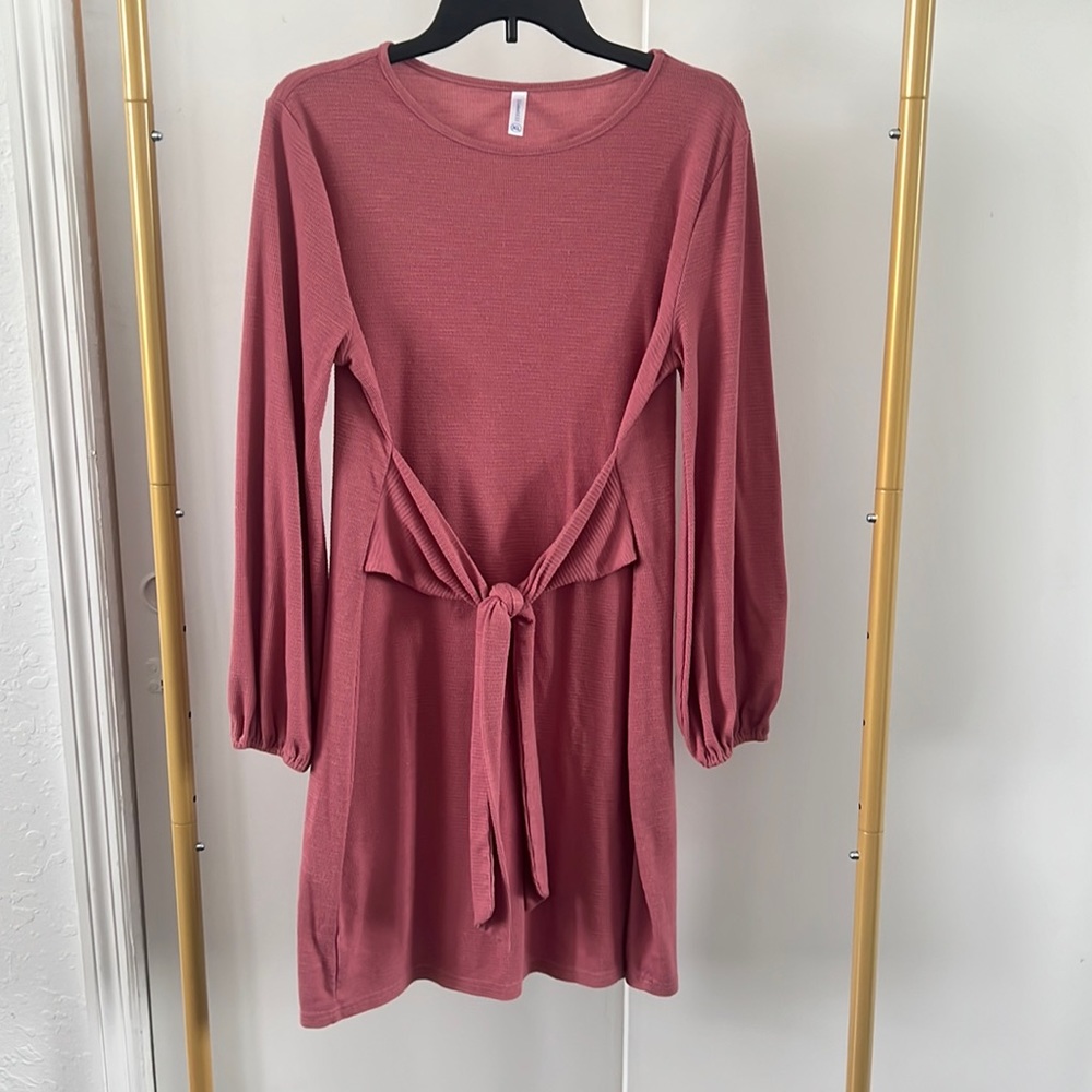 Women's Elegant Long Sleeve Dress Casual Tie Waist Sweater Dresses Mauve